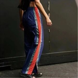 New Free People End Zone Track Pants Wide Leg Nyon Cargo FP Movement Baggy Blue